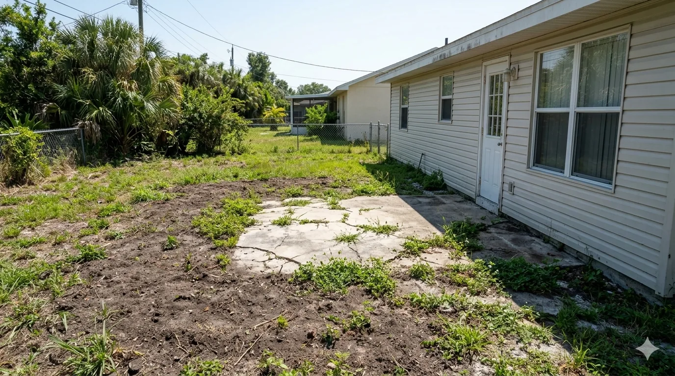Tampa backyard before deck installation - bare concrete slab