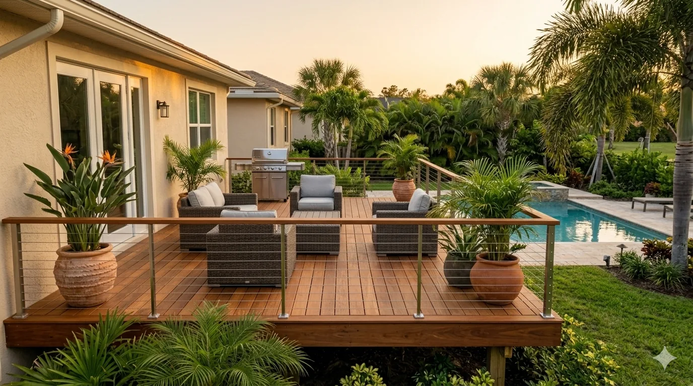 Tampa backyard after deck installation - beautiful pool deck with railing