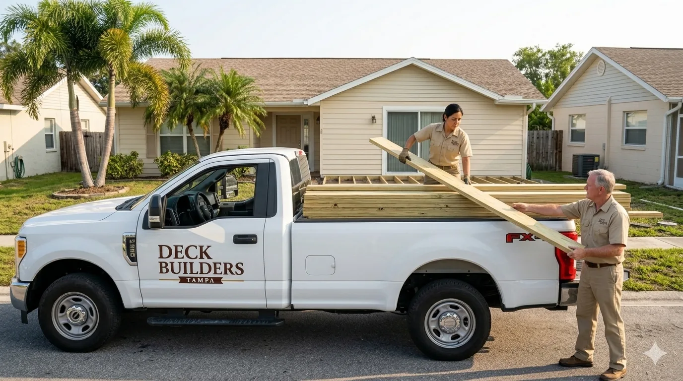 Deck Builders Tampa crew delivering lumber to a job site