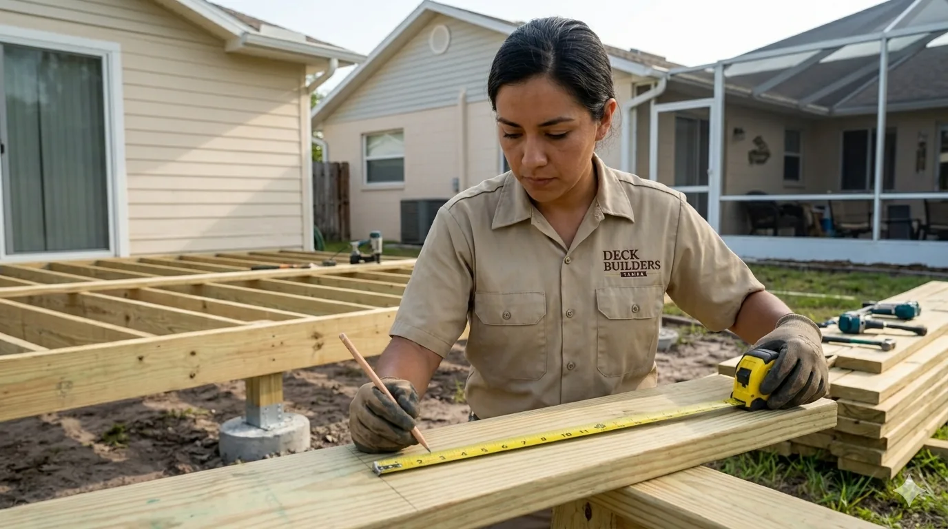 Tampa deck builder measuring framing lumber on site