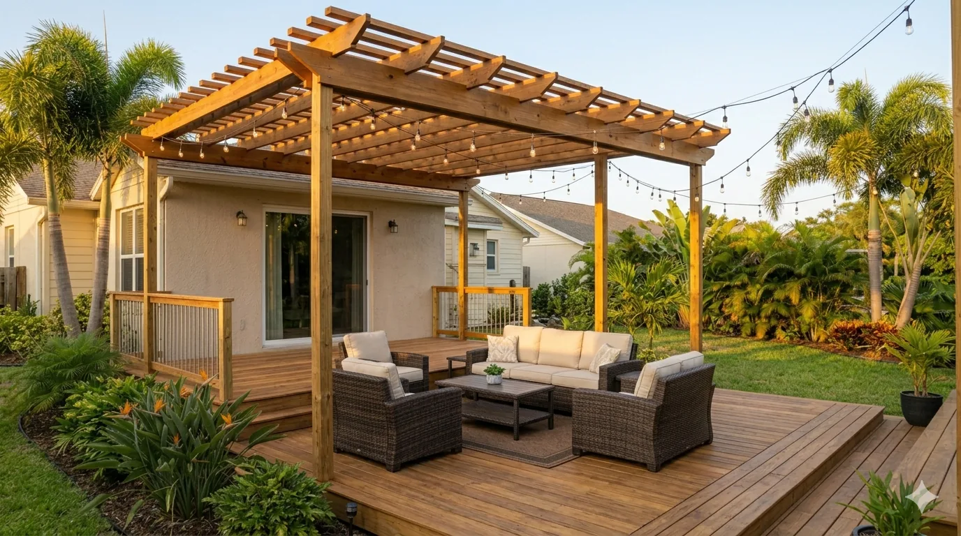 Pergola and screened outdoor living area on a custom Tampa deck