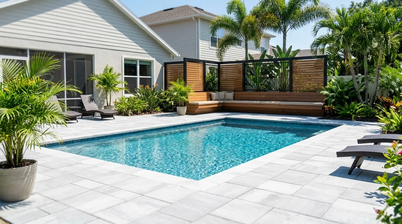 Wood pool deck surrounding a backyard pool in Tampa Florida