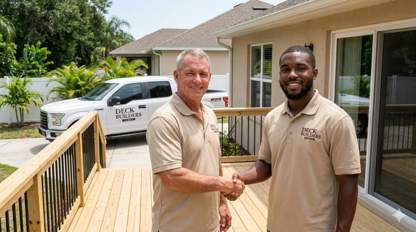 Deck Builders Tampa team handing over completed deck to homeowner