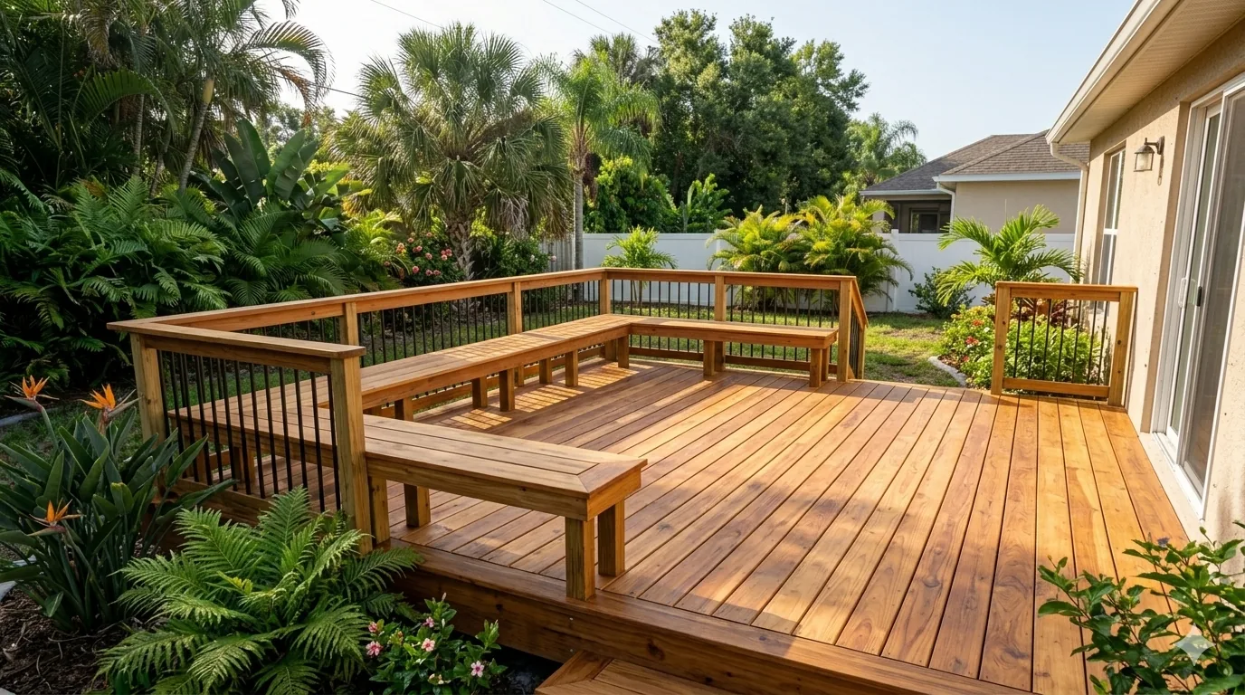 Custom pressure-treated wood deck on a Tampa home