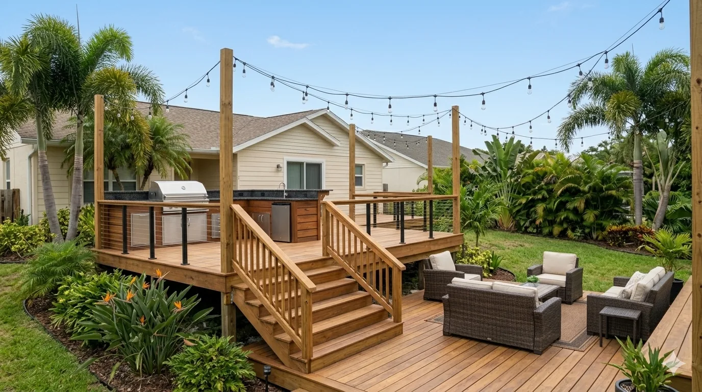 Custom wood deck with string lights and hot tub built in Tampa backyard